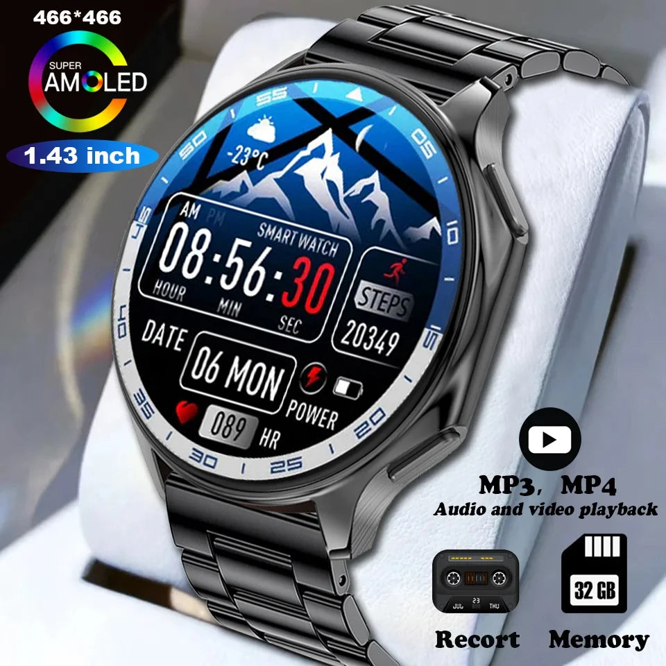 OPPO Watch X Smart Watch featuring a 1.43 inch AMOLED screen, showcasing a display with multiple functions such as time, date, weather, and fitness metrics, with a metal band and digital crown.