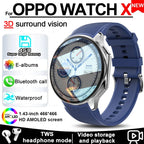 OPPO Watch X Smart Watch with a blue silicone band and a silver stainless steel case. The watch features a round AMOLED display, and the image highlights its waterproof characteristic and Bluetooth connectivity.