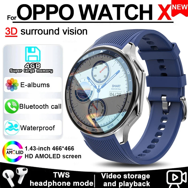 OPPO Watch X Smart Watch with a blue silicone band and a silver stainless steel case. The watch features a round AMOLED display, and the image highlights its waterproof characteristic and Bluetooth connectivity.