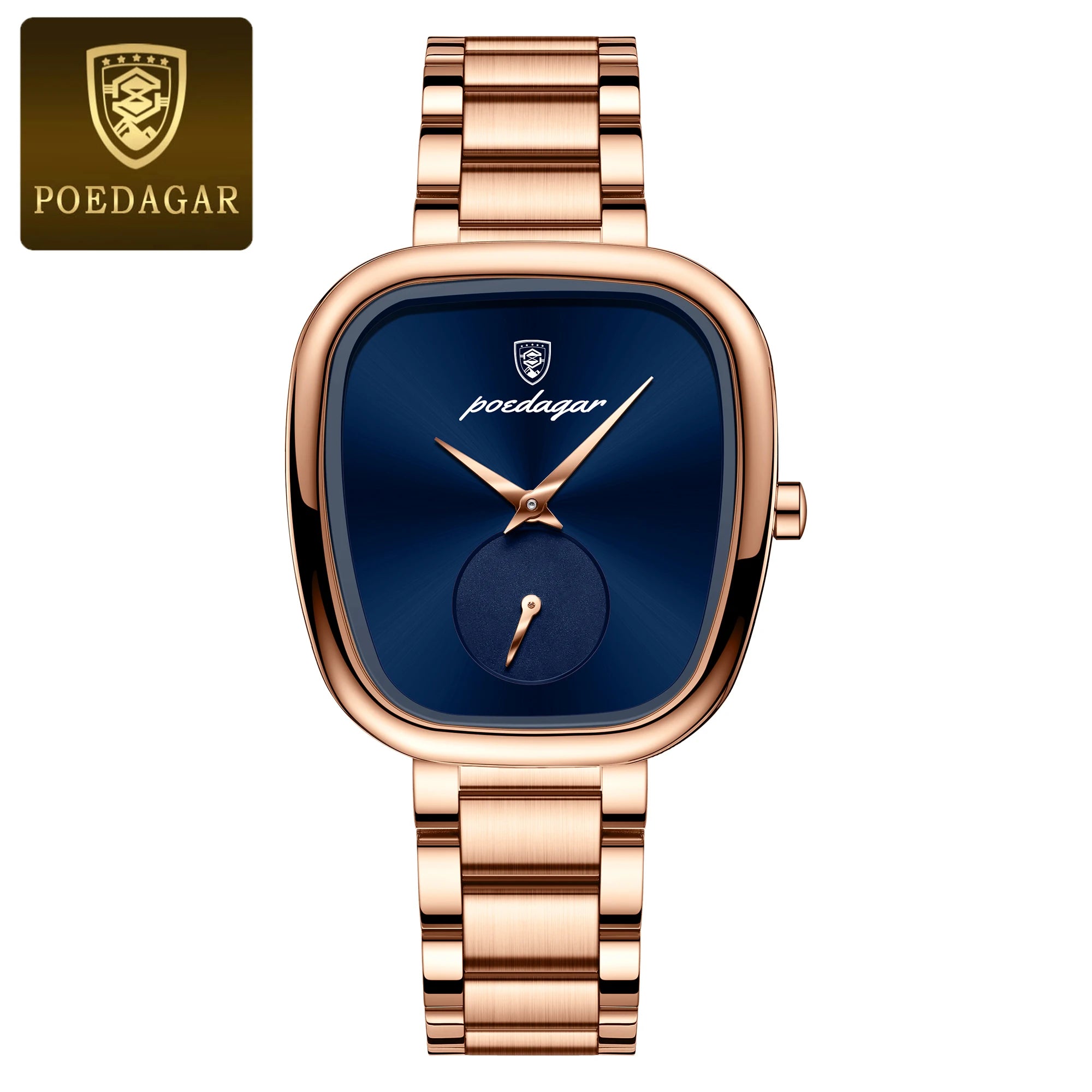A rose gold POEDAGAR luxury ladies watch with a stainless steel band and analog quartz movement, displayed on a presentation box.