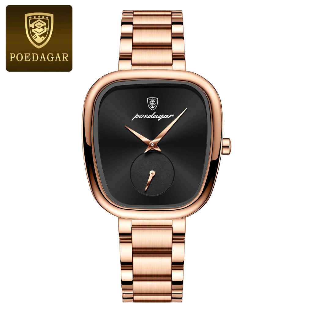 A rose gold POEDAGAR luxury ladies watch with a stainless steel band and analog quartz movement, displayed on a presentation box.