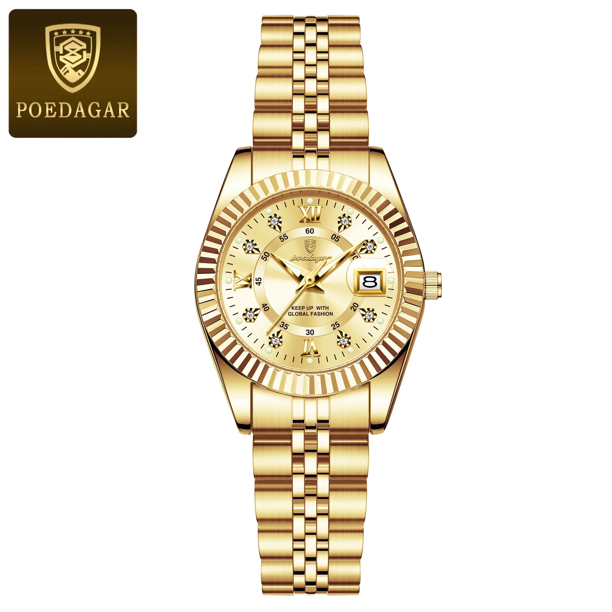 A POEDAGAR luxury watch for women with a stainless steel band and a gold and silver tone case, displayed in a box with the brand's packaging.