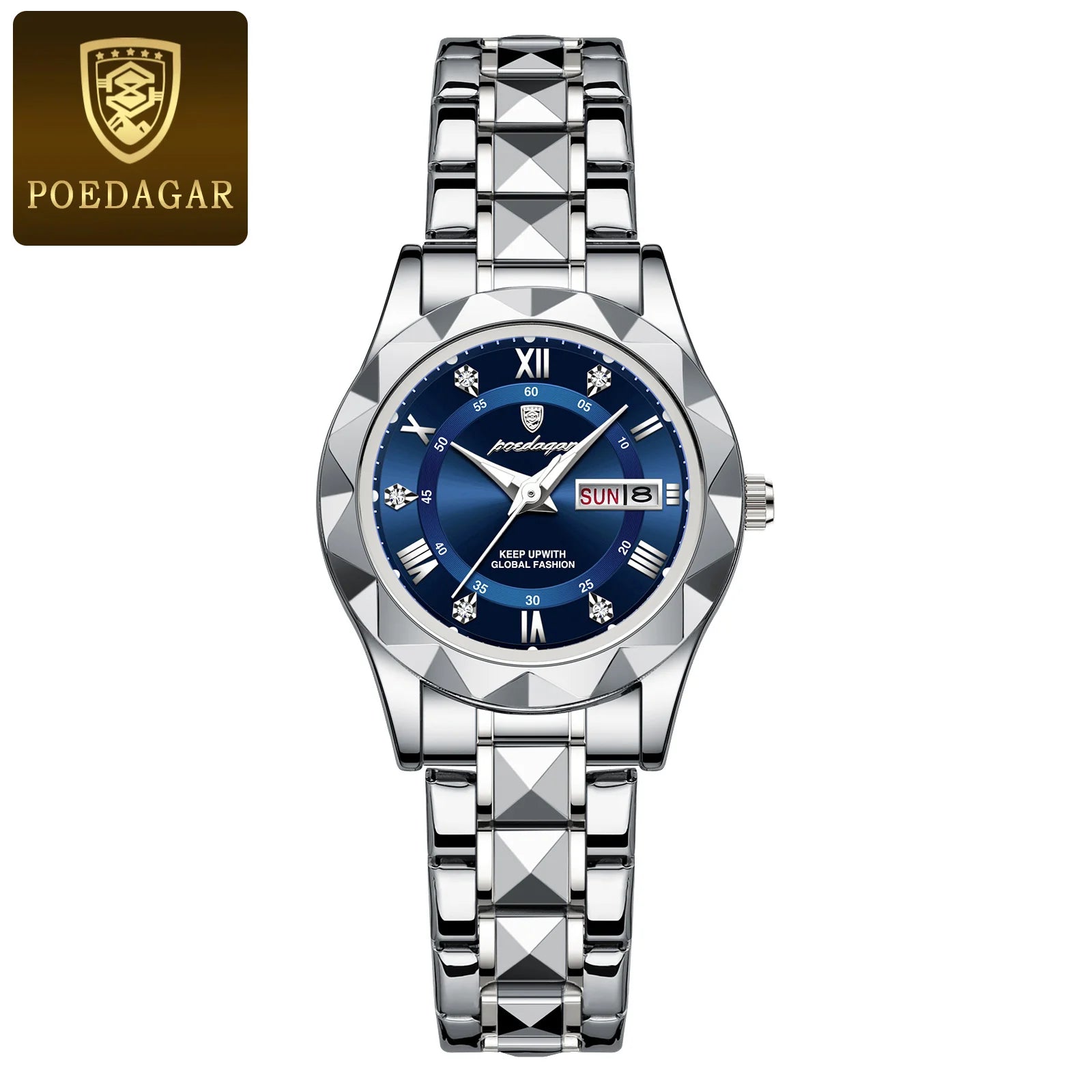 A POEDAGAR luxury ladies dress watch with a blue dial, stainless steel band, and luminous hands, presented in a box with the price tag visible.