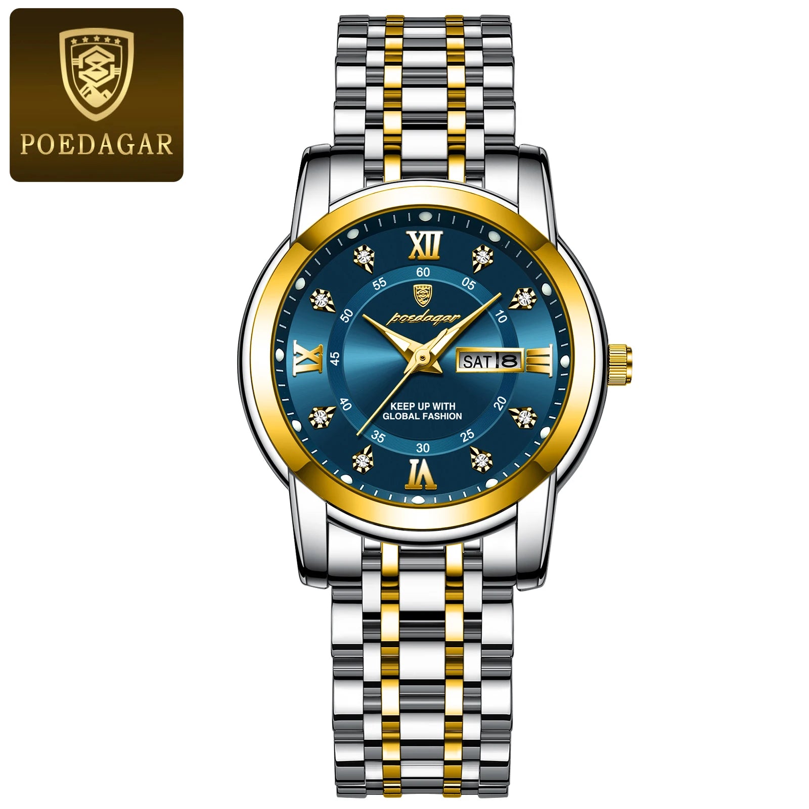 A POEDAGAR brand wristwatch with a stainless steel band and a round blue dial featuring gold-colored hands and markers, displayed in a watch box.