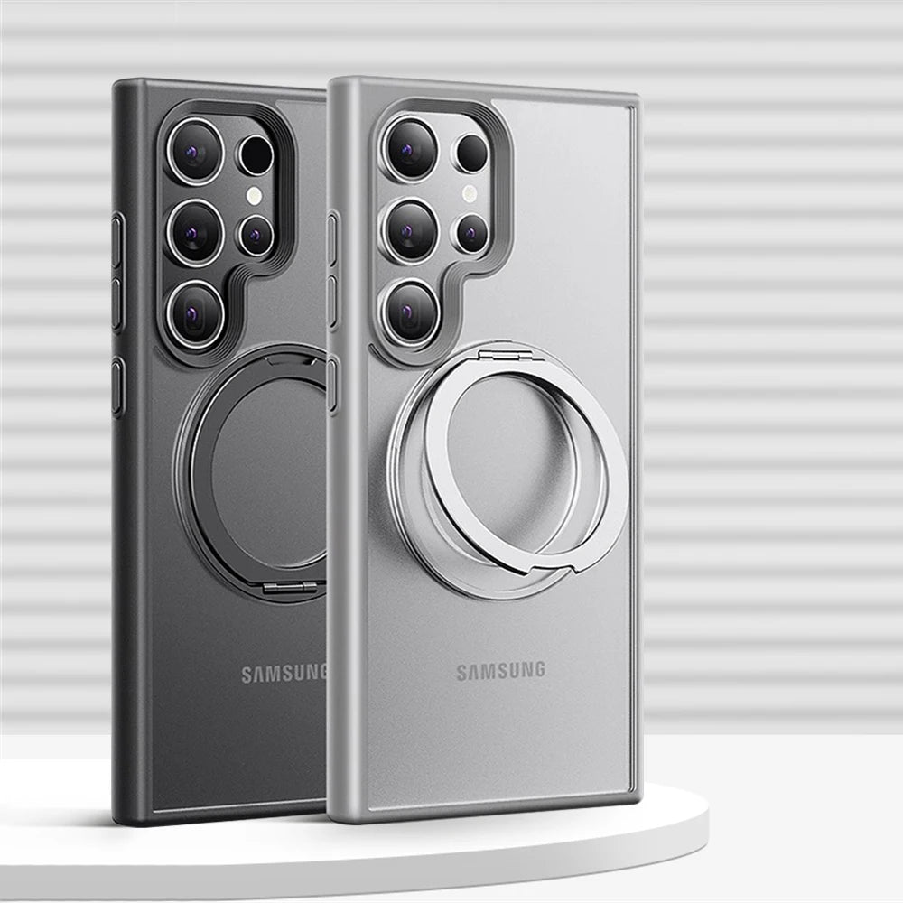 Two Samsung Galaxy phone cases, one with a magnetic ring holder and one without, in a matte black finish.