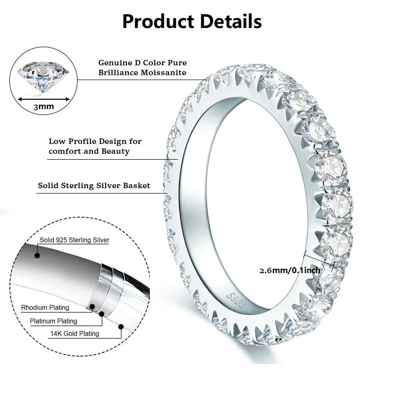 Anziw 3mm D Moissanite Full Eternity Thin Bands Stackable