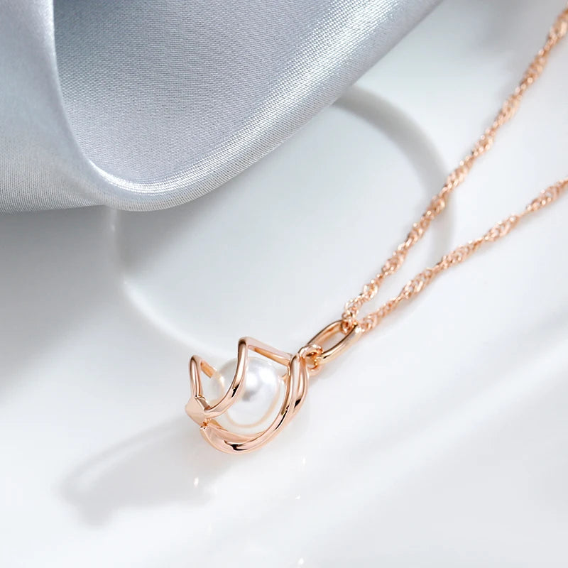 Kinel Luxury 585 Rose Gold Pendant Necklace Unique Geometric Hollow Pearl