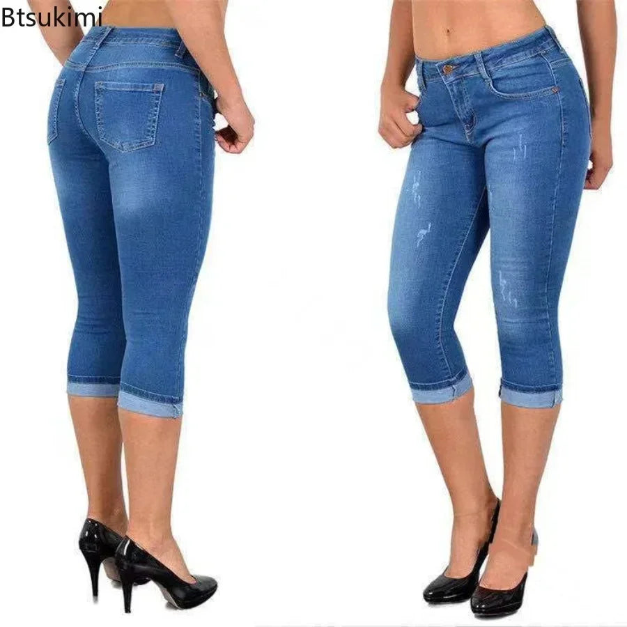 Summer Skinny Denim Pants Jeans Mid Waist Stretch Capri Pants Knee Length Trouser