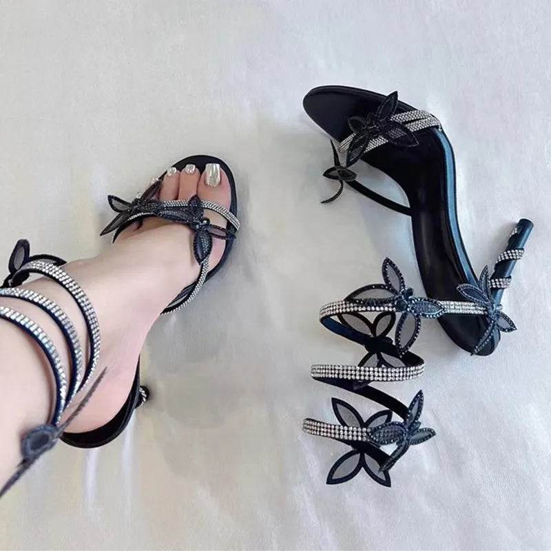Luxury Crystal Embellished Butterfly Detail Women Sandals Sexy Coiled Strap High heels Gladiator Sandals Summer Party prom Shoes - Imbasat