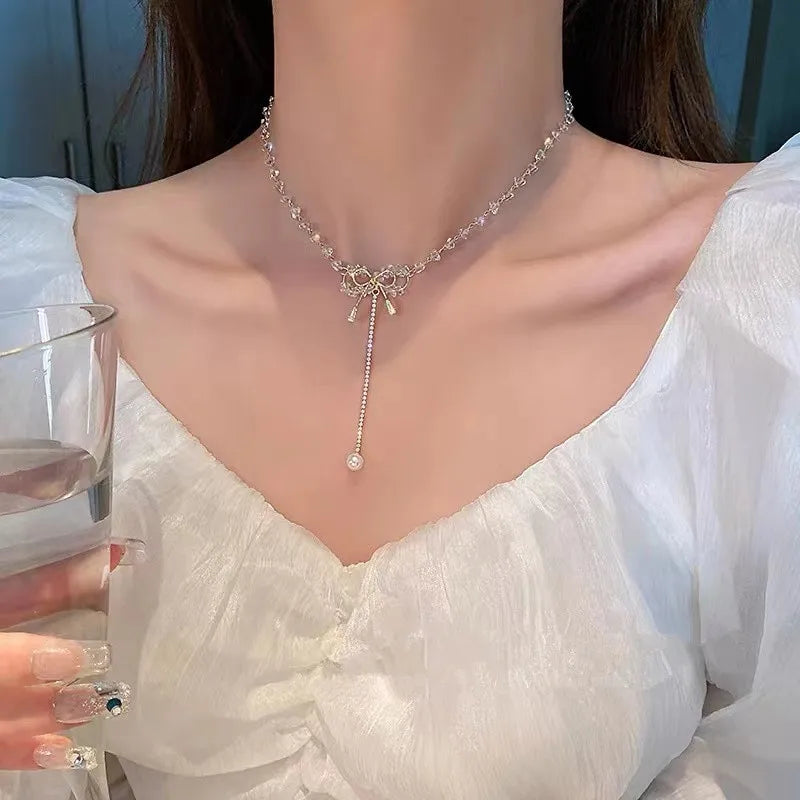 Vintage Zircon Flower Pearl Necklace