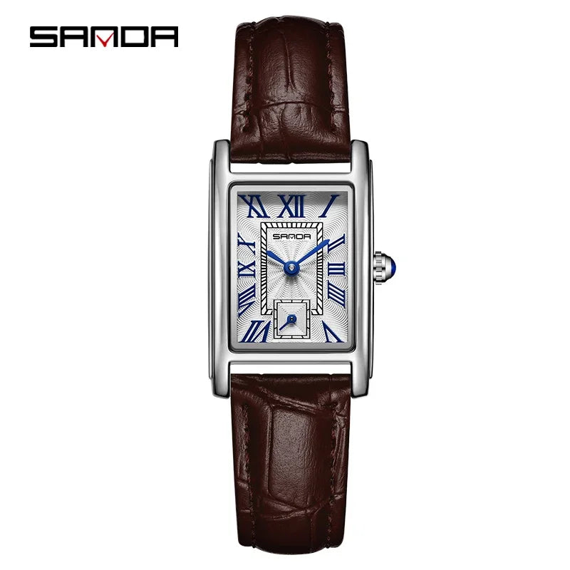 SANDA New Fashion Elegant Design Rectangle Dial Water Resistant Leather Quartz Movement Business Gift  Women Analog Wrist Watch