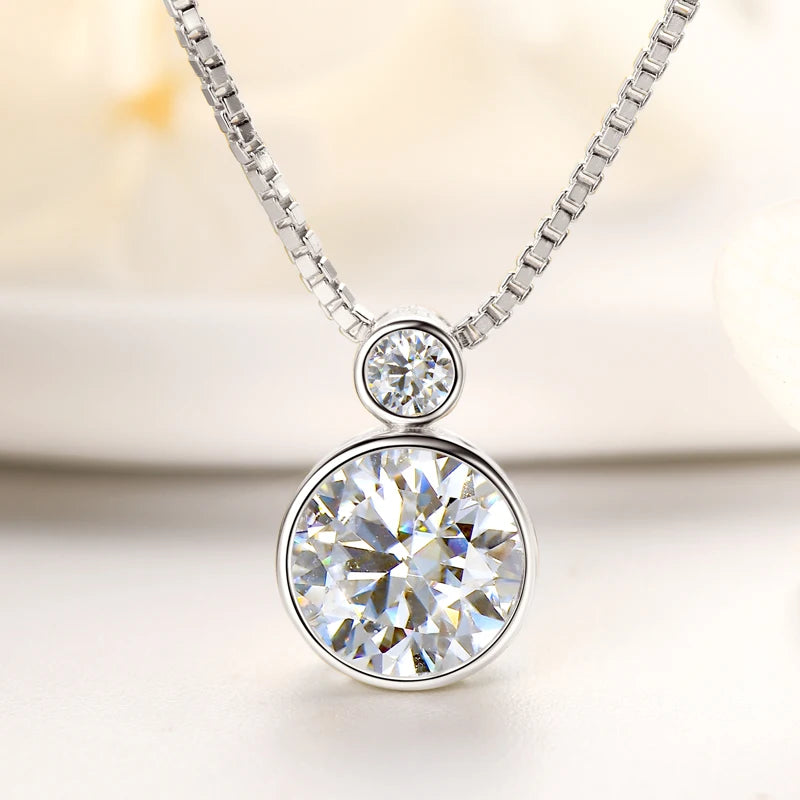 100% 925 Sterling Silver Necklace D2.10CT 8mm&3mm Bezel Setting Round Cut Moissanite Pendant Necklaces for Women S925 Box Chain