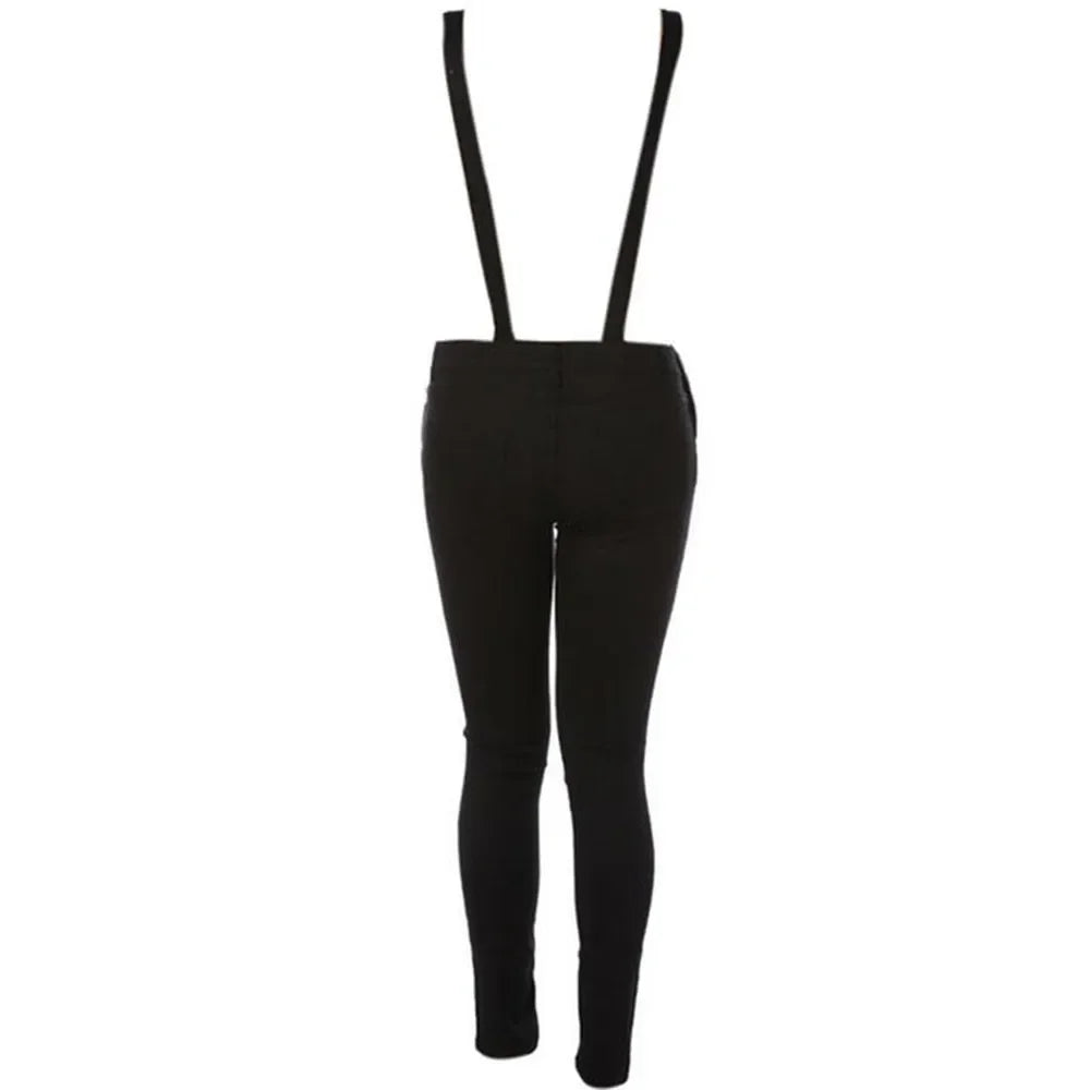 Denim Overalls Jeans Ankle Length Pencil Pants Pockets Holes Solid High Waist