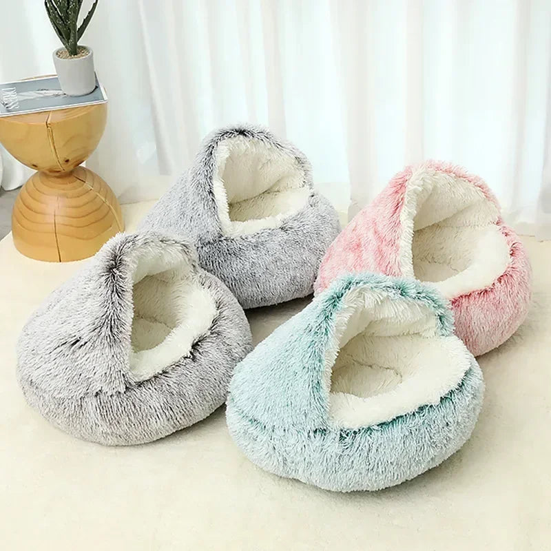 Winter Soft Plush Pet Bed with Cover Round Cat Bed Pet Mattress Warm Cat Dog Sleeping Nest Cave for Small Dogs Kitten 2 in 1