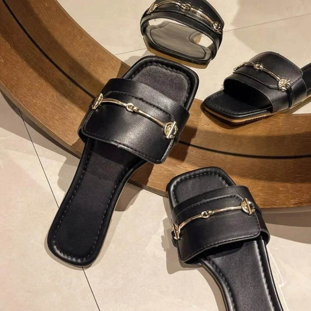 New Women's Buckle Decor Flat Slide Sandals Fashion Square Open Toe Summer Shoes Casual Outdoor Beach Slides Zapatos Mujer - Imbasat