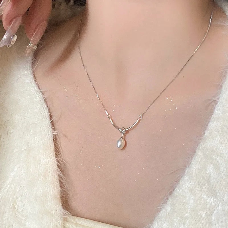 925 Silver Pearl Simple Elegant Thin Chain Pendant Necklace