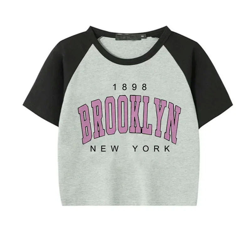 Brooklyn 1898 Letter Print Crop Graphic T-shirt Korean Style