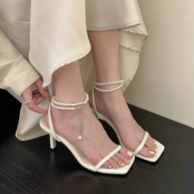 Low Heel Sandals Woman Leather Suit Female Beige Silver Summer High Heels Low-heeled Fashion Comfort Girls High-heeled Sandals - Imbasat