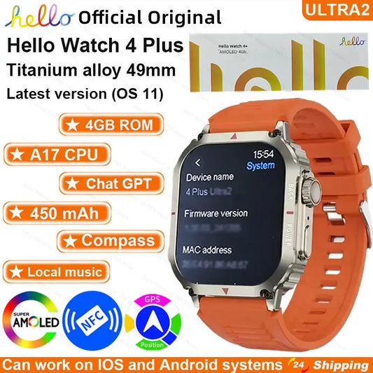 New Smartwatch 2025 Hello Watch 4 Plus ULTRA2 49mm AMOLED 4G ROM GPS ChatGPT NFC Compass Clock Bluetooth Call Sports Men Women