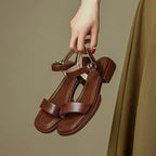 French Vintage Brown Sandals 24 Summer Low Heel Roman Shoes with Open Toe Stripe Simple and Comfortable Flat Bottom Women Shoes - Imbasat