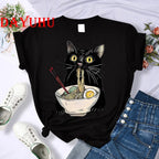 Black Cat Noodle T-Shirts Retro Casual Short sleeve