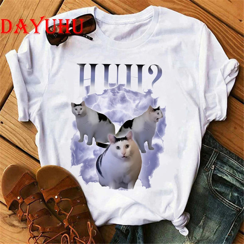 Cat Saying Huh? Meme T-shirt  Breathable Short Sleeve