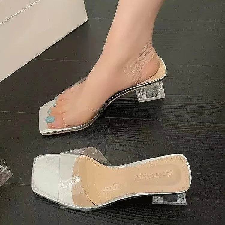 Fashion Women Pumps Slippers Ladies Square Toe Open Toe Slipper Female Slides Summer Shoes High Heels Sandals Zapato Mujer - Imbasat