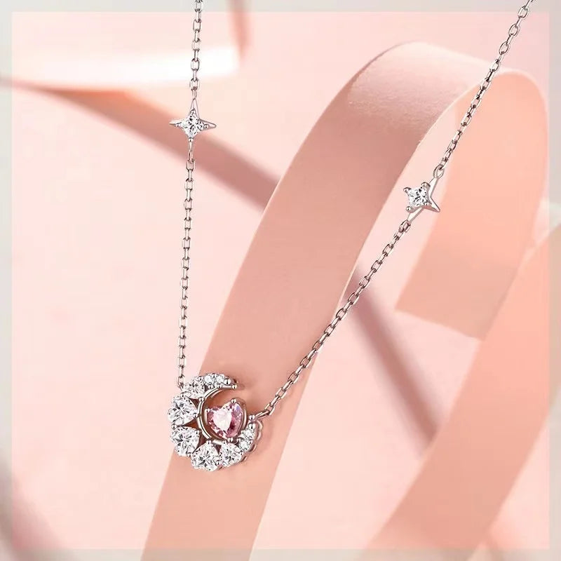 ANENJERY Heart Shaped Zircon Star Moon Necklace female New Fashion Exquisite Simple