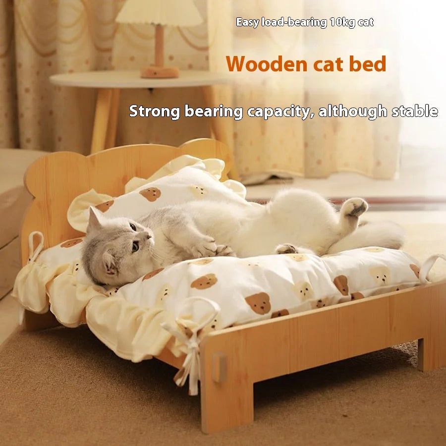 Solid Wood Cat Bed Summer Puppy Bed Removable Mat Washable All Season Universal Cat Nest