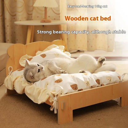 Solid Wood Cat Bed Summer Puppy Bed Removable Mat Washable All Season Universal Cat Nest Dog House Pet Supplies