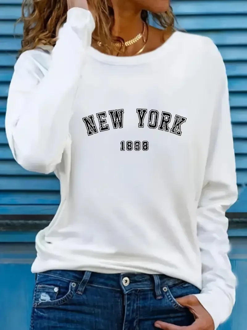 Casual Crew Neck T-Shirt New York Letter Print 90s Long Sleeve