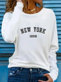 Casual Crew Neck T-Shirt New York Letter Print 90s Long Sleeve