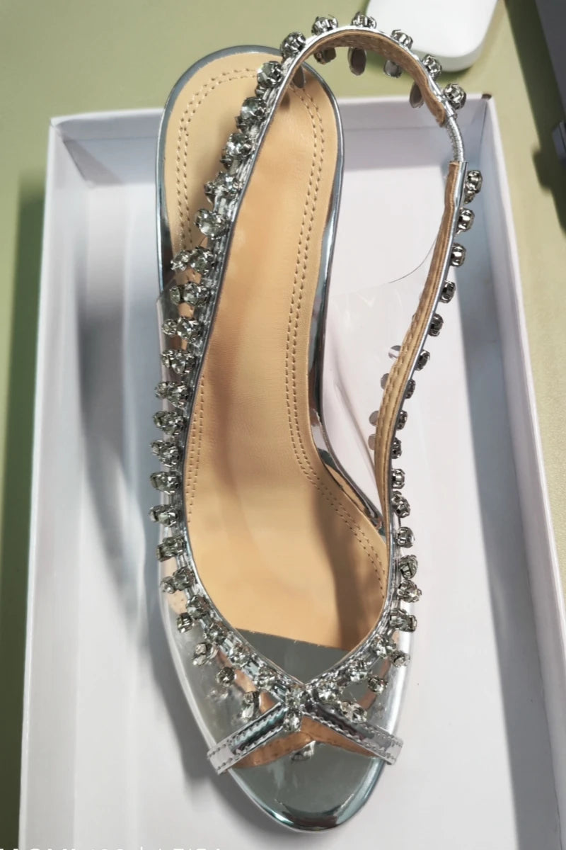 High-heeled Sandals Fish Mouth Transparent with Rhinestone Chain Stiletto Heels