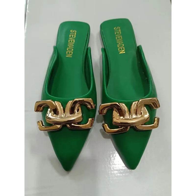 2024 New Summer Women Sandals Shoes Fashion Metal Chain Flats Pointed Toe Women's Slippers Ladies Casual Shoes Outside Slides - Imbasat