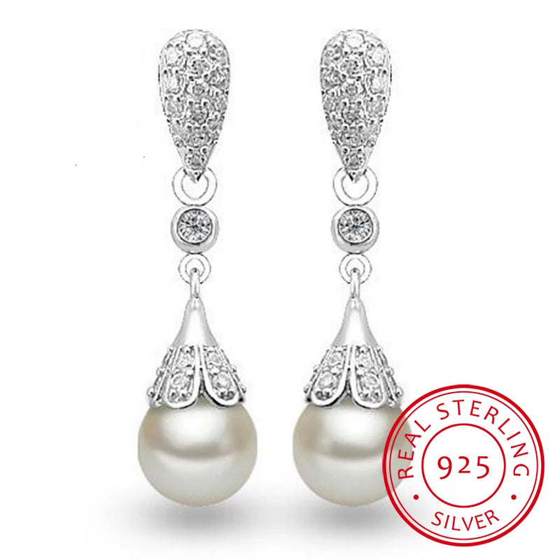 925 sterling silver Pearl Jewelry natural freshwater pearl drop earrings for women Silver Wedding Dangle Earring