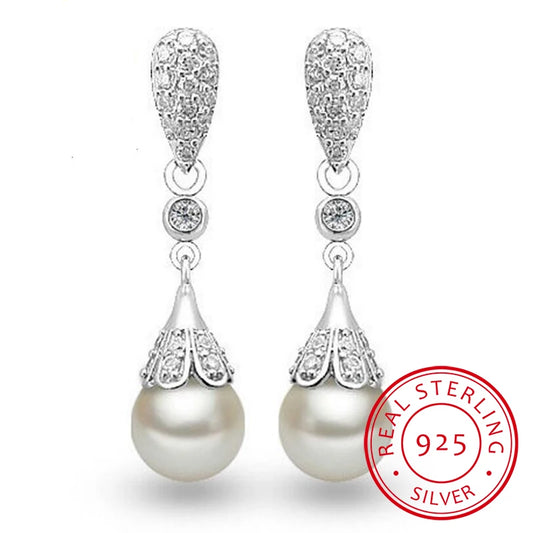 925 sterling silver Pearl Jewelry natural freshwater pearl drop earrings for women Silver Wedding Dangle Earring