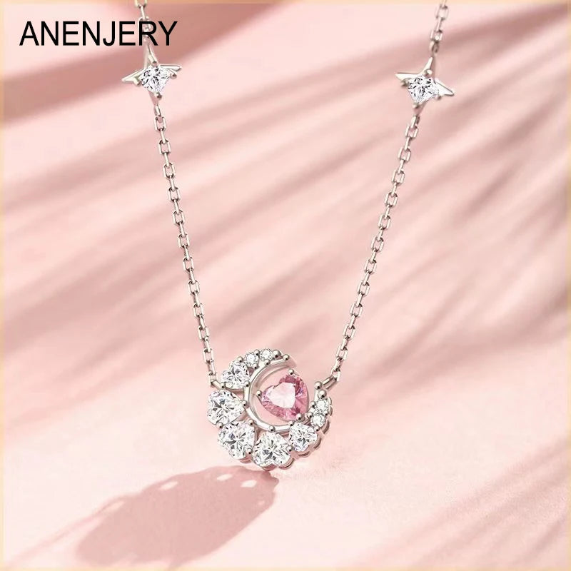 ANENJERY Heart Shaped Zircon Star Moon Necklace female New Fashion Exquisite Simple Collar