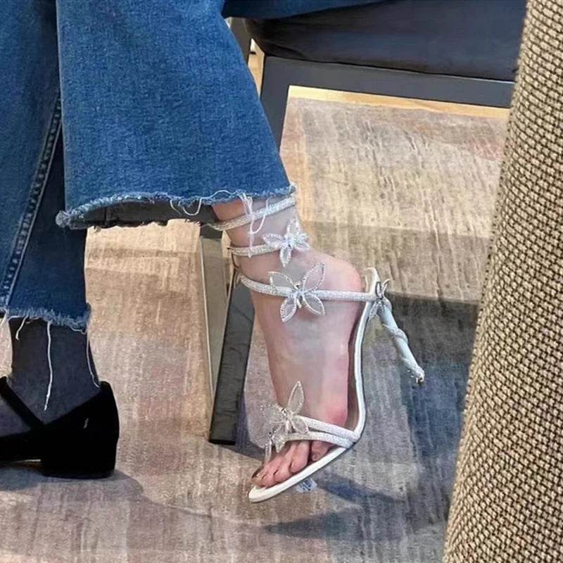 Luxury Crystal Embellished Butterfly Detail Women Sandals Sexy Coiled Strap Thin High heels Gladiator sandals Summer Party Shoes - Imbasat