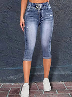 Peacock Blue Stretch Mid-Rise Capri Jeans