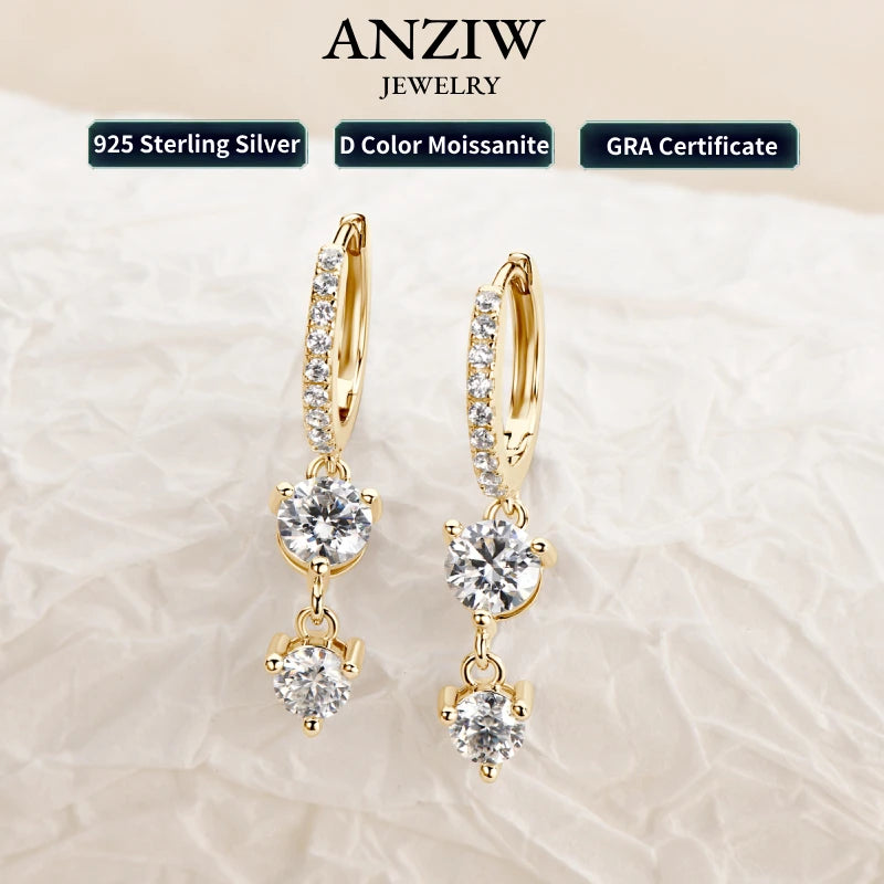 Anziw 4mm 5mm Round Moissanite Long Tassel Earrings 925 Sterling