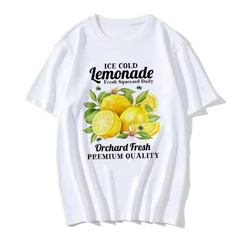 Lemon Print Short Sleeve Crew Neck Casual