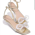 2023 Summer Women's Sandals with Bow Pearl Flat Heels Elegant Rhinestone Party Ladies Shoes Plus Size 42 Sandalias Mujer - Imbasat
