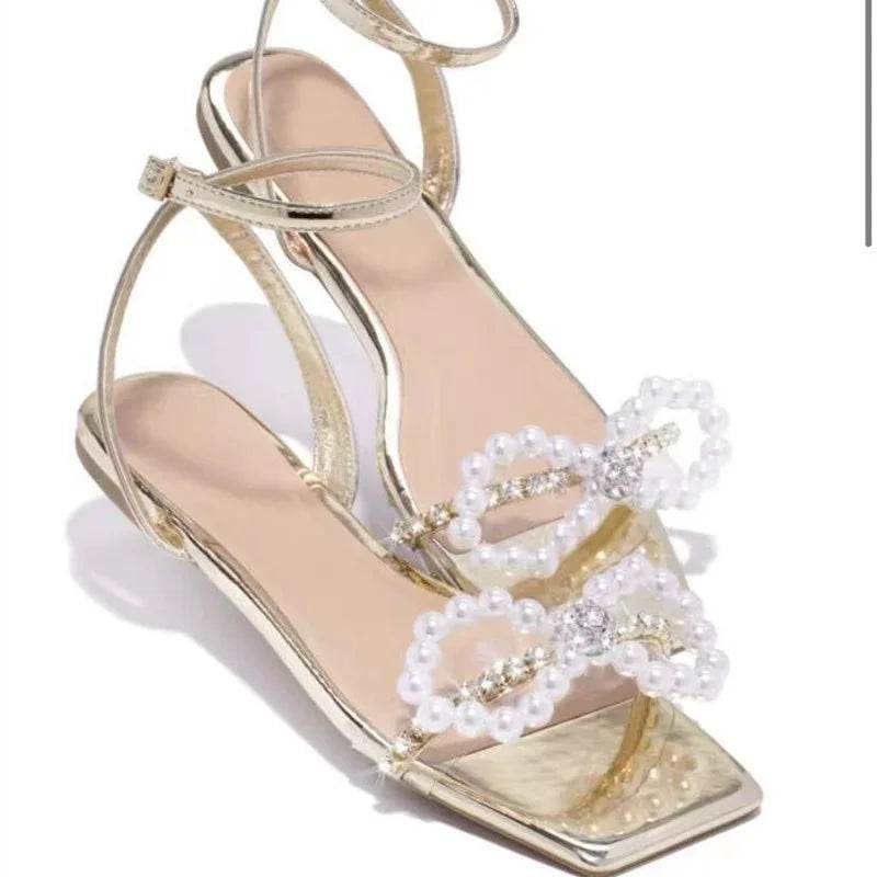 2023 Summer Women's Sandals with Bow Pearl Flat Heels Elegant Rhinestone Party Ladies Shoes Plus Size 42 Sandalias Mujer - Imbasat