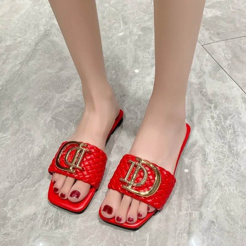 Women Luxury Decor Weave Design Flat Sandals Fashion Open-toe Vacation Casual Slides Party Sexy Elegant Office-Ladies New Shoes - Imbasat