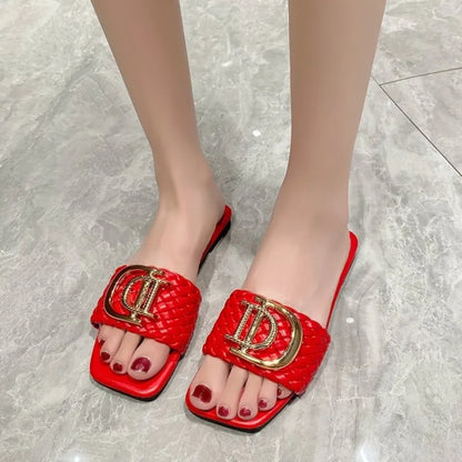 Women Luxury Decor Weave Design Flat Sandals Fashion Open-toe Vacation Casual Slides Party Sexy Elegant Office-Ladies New Shoes