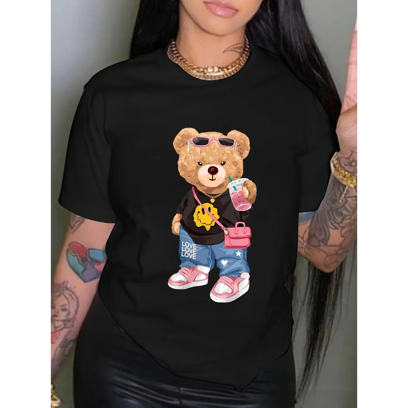 kawaii Little Bear Print T-shirt Short Sleeve Crew Neck