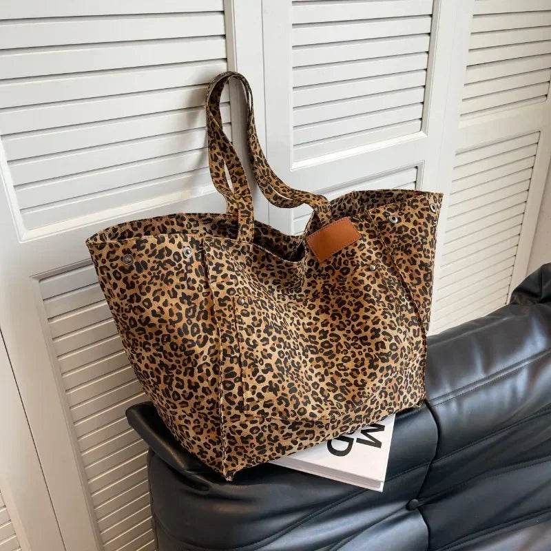 Oversized Leopard Prints Shoulder Bags for Women Deformable Canvas Large Capacity Shopping Totes 2024 Winter New Luxury Handbags - Imbasat