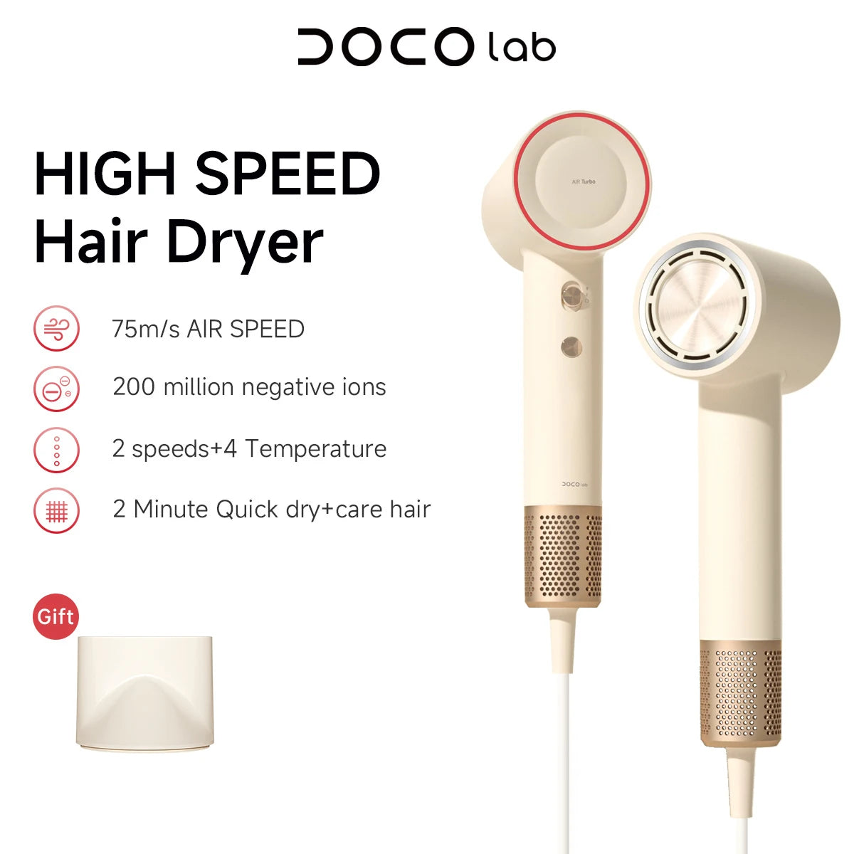 DOCO Hair Dryer High Speed 75m/s 200 million Negative Ions Hair Care 11000 Rpm Professional Lightweight Home Travel Gift