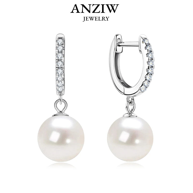 Anziw Genuine 925 Sterling Silver Moissanite Hoop Earrings 9-10mm Freshwater Pearl