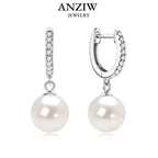 Anziw Genuine 925 Sterling Silver Moissanite Hoop Earrings 9-10mm Freshwater Pearl
